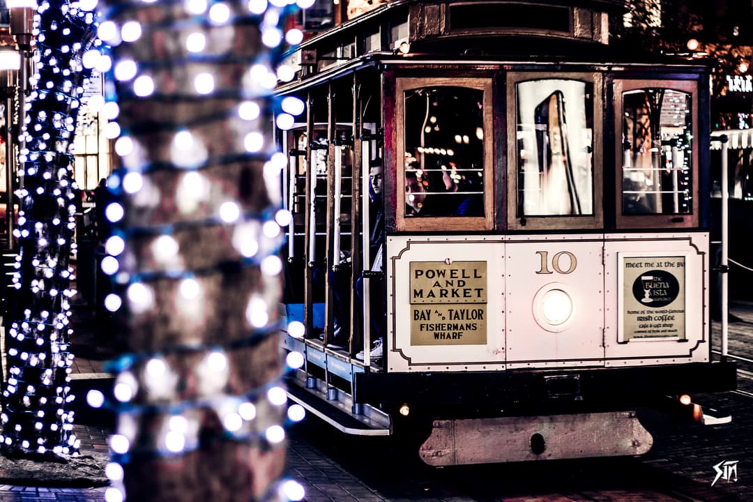 Cable car at night with lights